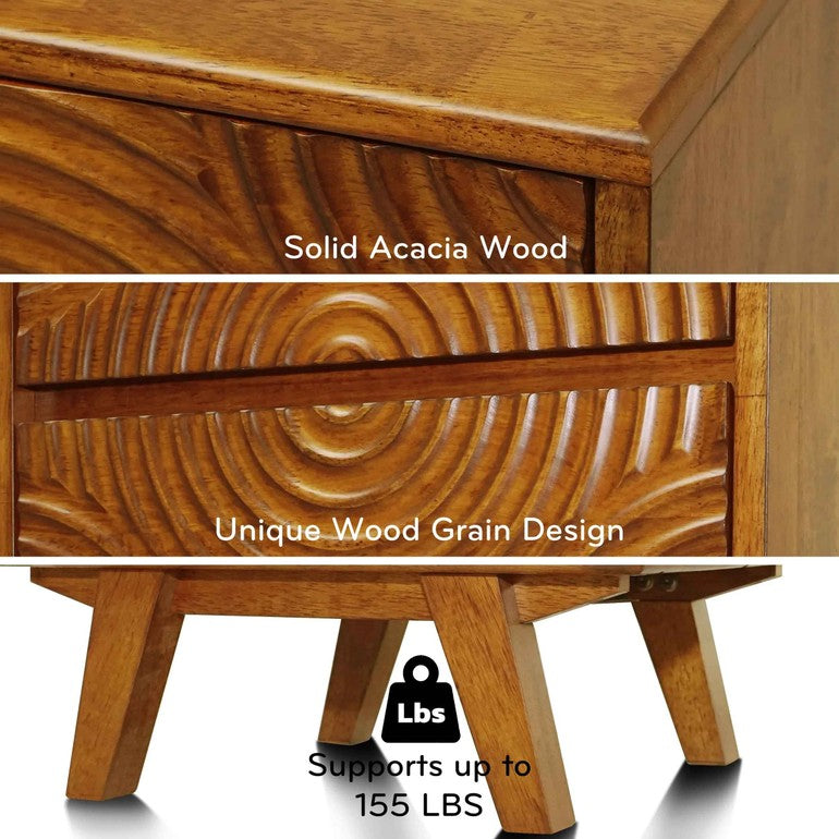 Wooden drawer with 'Solid Acacia Wood' and 'Unique Wood Grain Design' text, showing a weight capacity of 155 lbs.