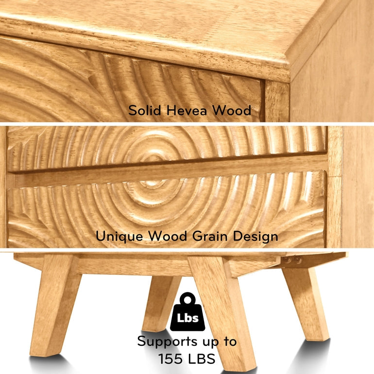 Wooden product with Hevea wood details and weight capacity label.