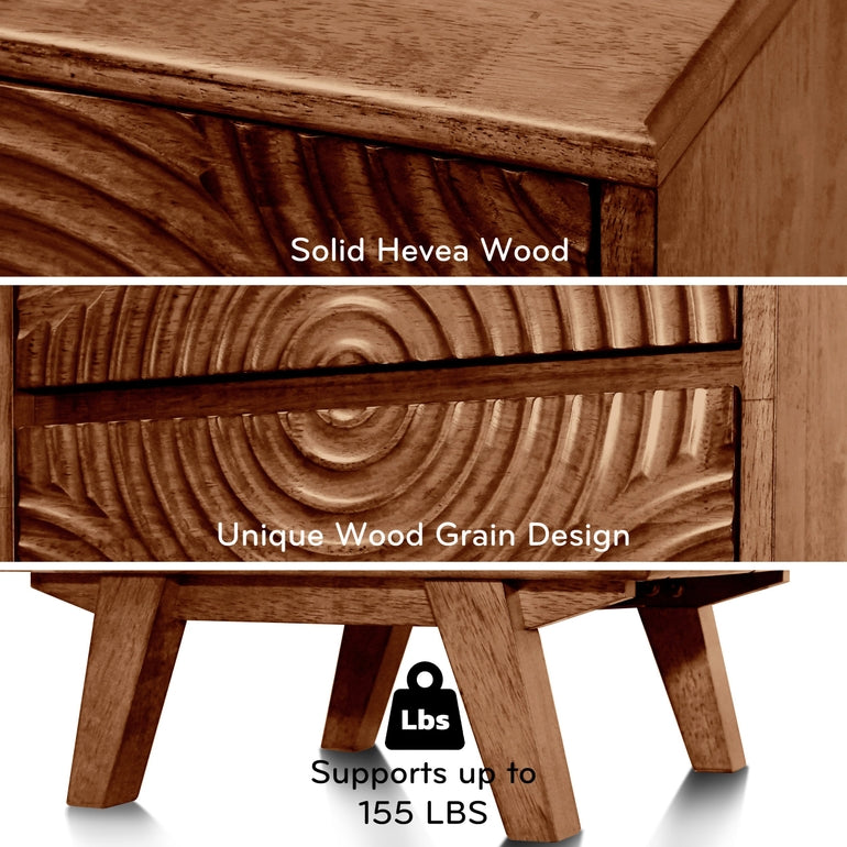 Wooden drawer with text highlighting solid Hevea wood, unique wood grain design, and weight capacity.
