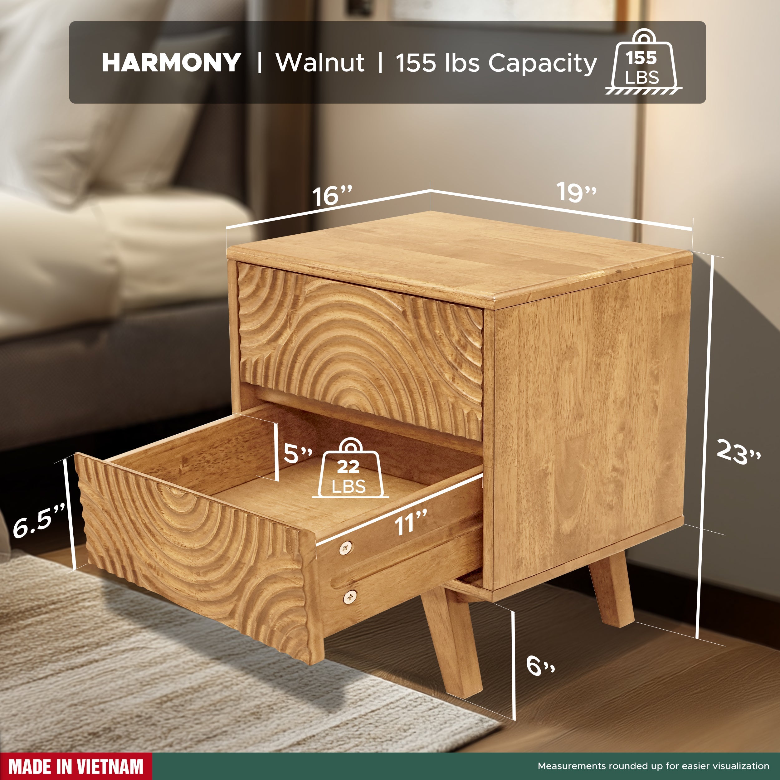 Wooden side table with dimensions and weight capacity displayed, set against a blurred living room background.