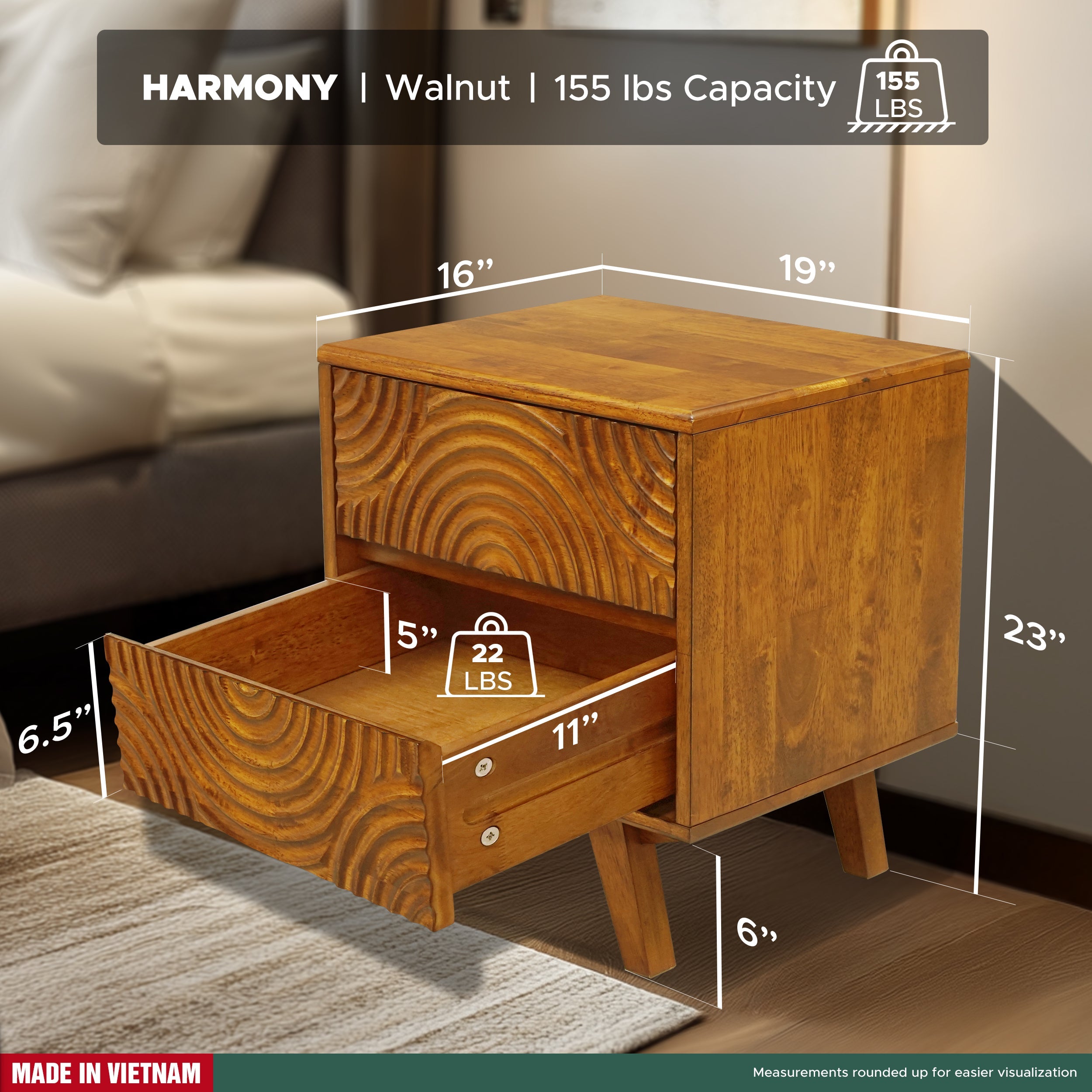 Wooden nightstand with measurements and capacity details on a blurred background