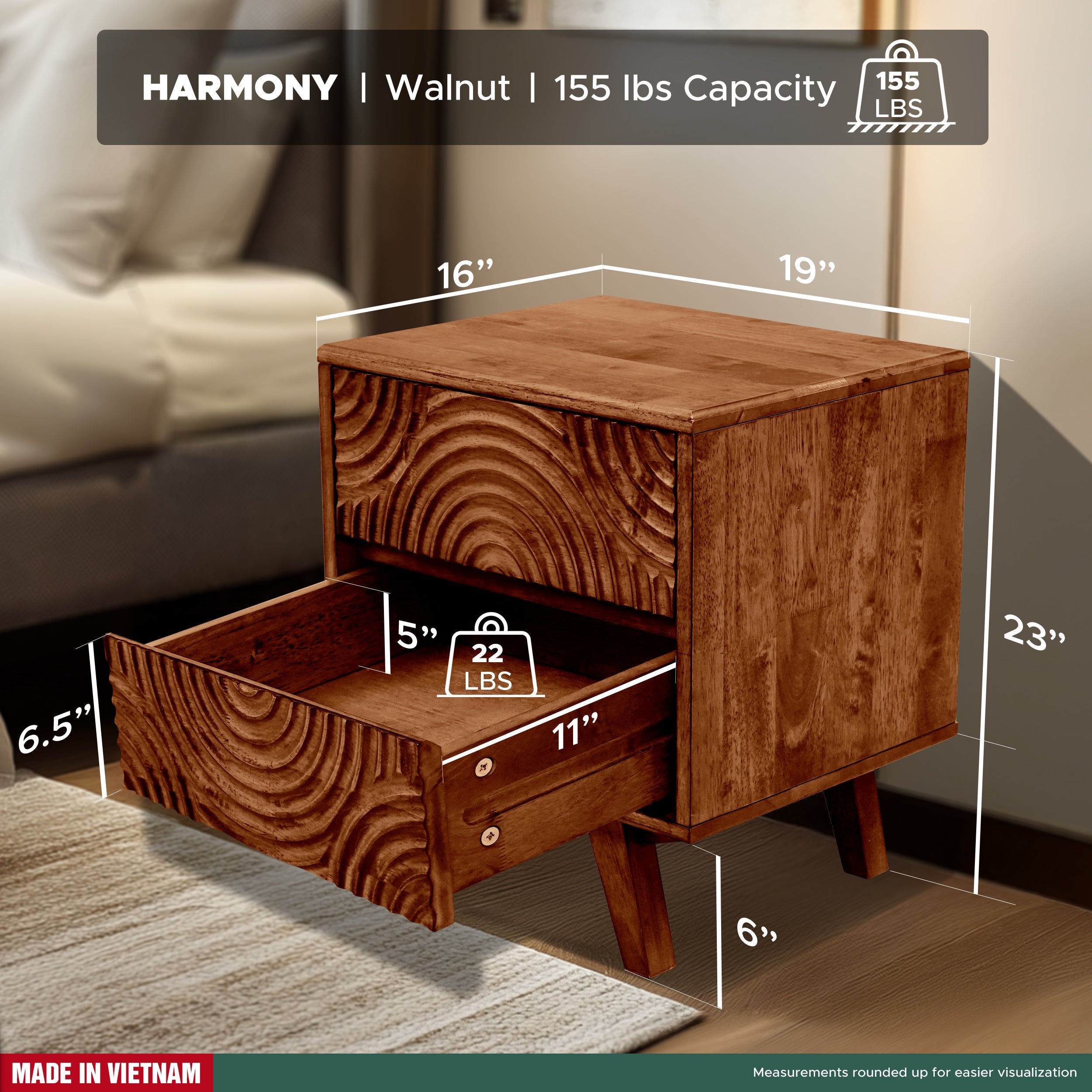 Wooden nightstand with dimensions and weight capacity displayed, set against a blurred room background.