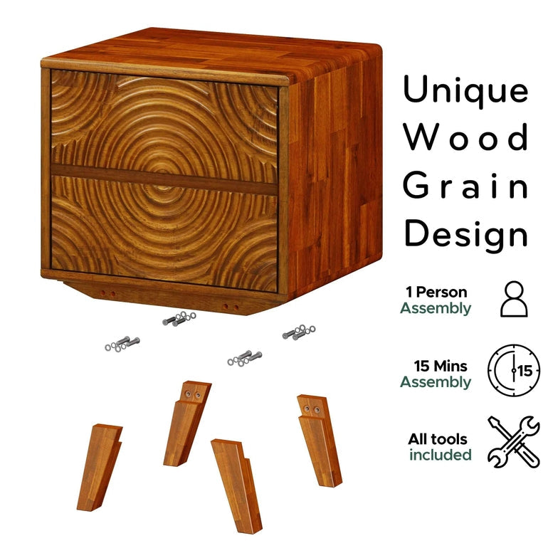 Wooden cabinet with unique grain design, assembly tools, and text on a white background