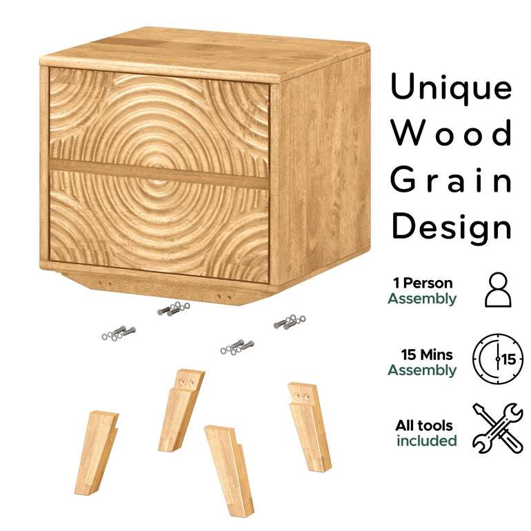 Wooden nightstand with unique grain design, assembly tools, and text on a white background