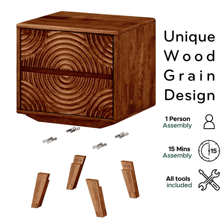 Wooden drawer with assembly parts and text about unique wood grain design and assembly details.