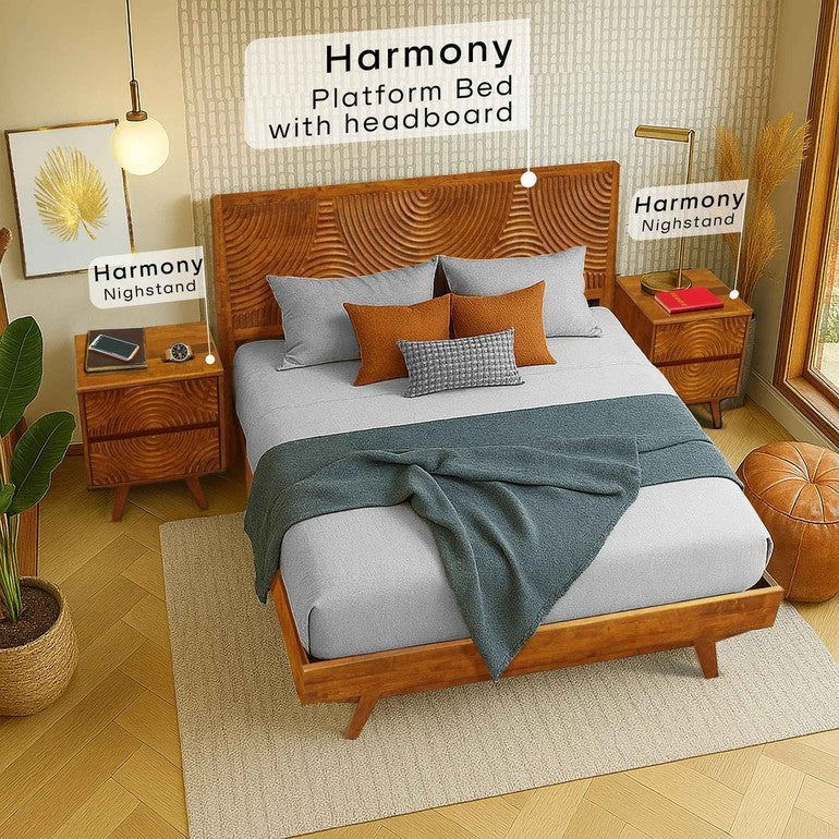 Wooden platform bed with headboard and nightstands in a bedroom setting.
