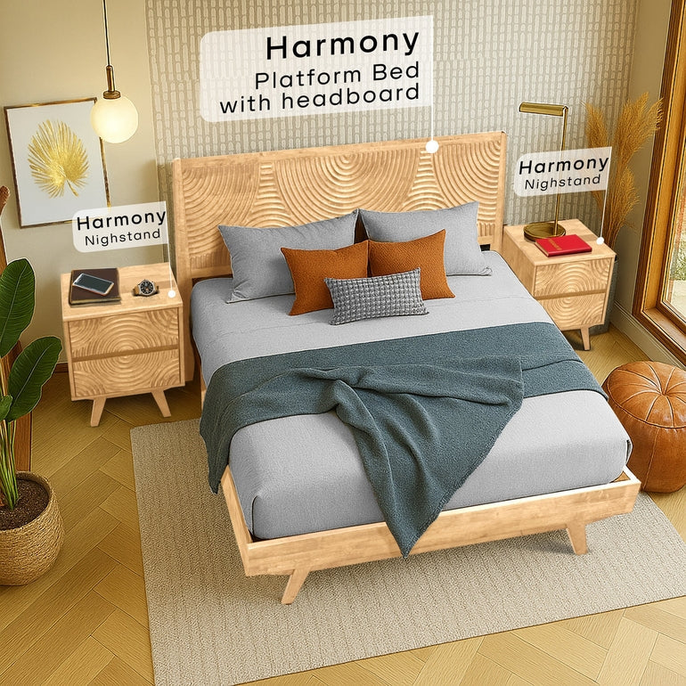 Bedroom setup with wooden platform bed and nightstands, featuring 'Harmony' branding.