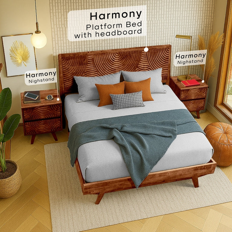 Wooden platform bed with headboard and nightstands in a bedroom setting