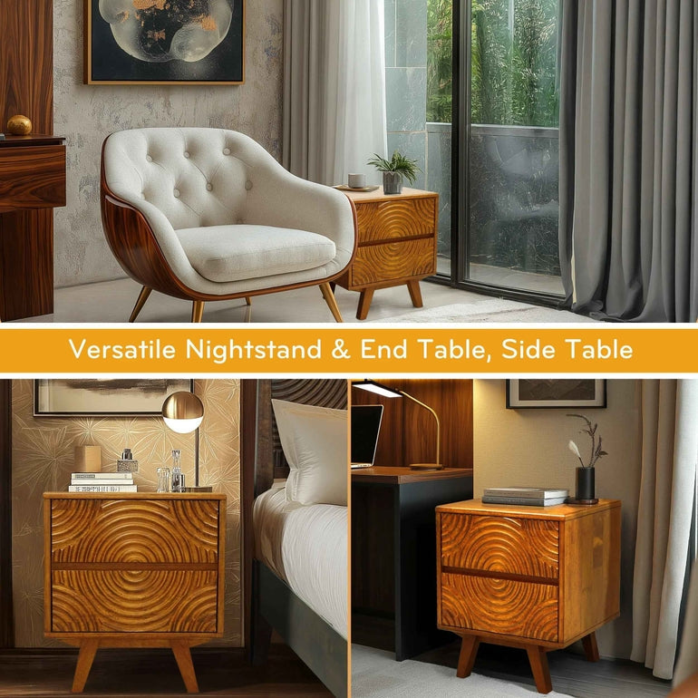 Wooden nightstand and end table with decorative items in a modern room setting.