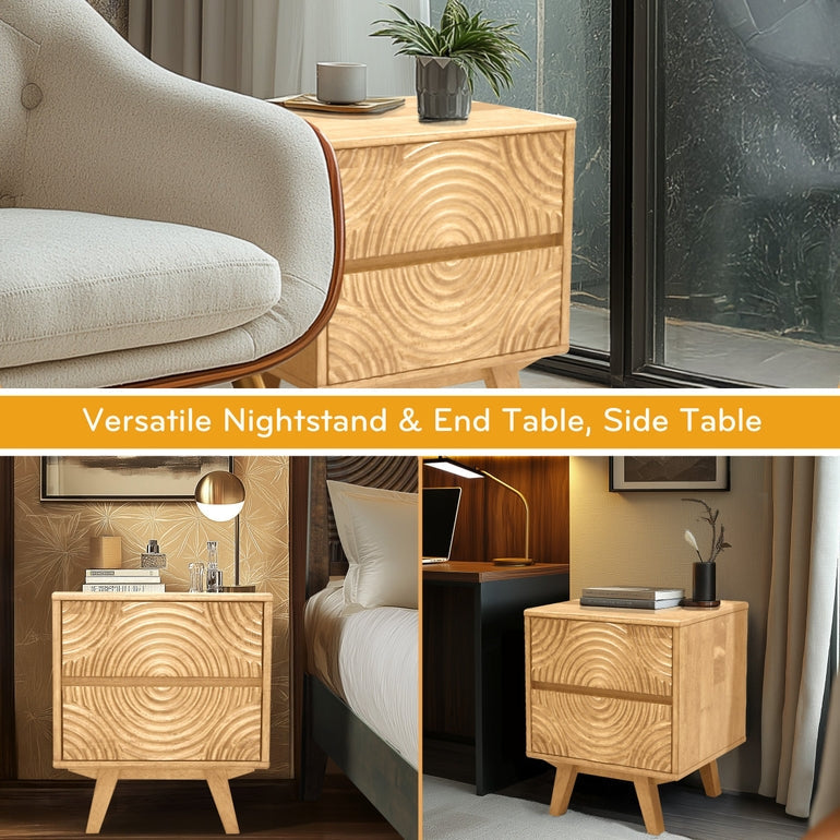 Wooden nightstand with wavy pattern in various settings