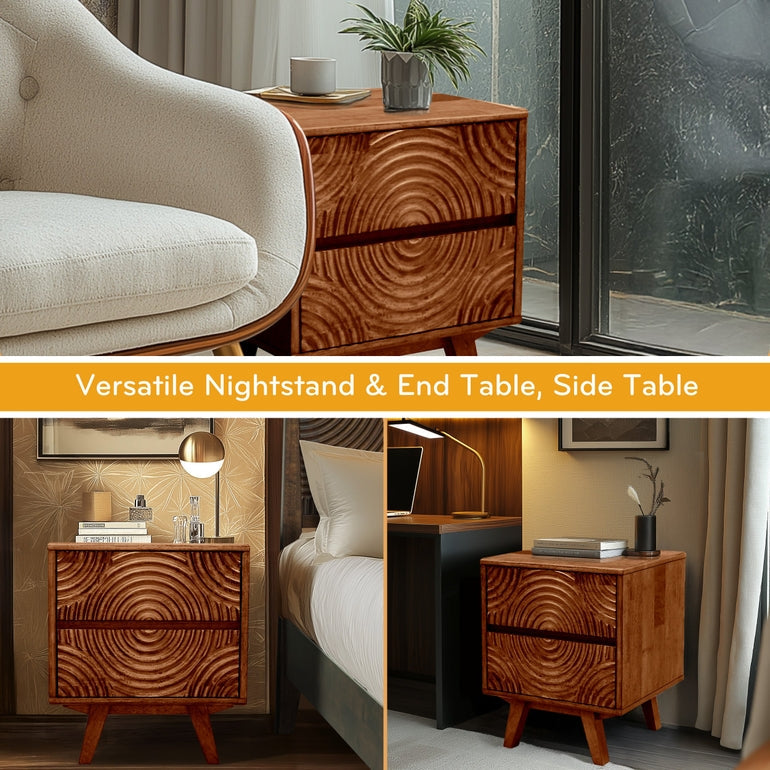 Wooden nightstand with decorative elements in a bedroom setting