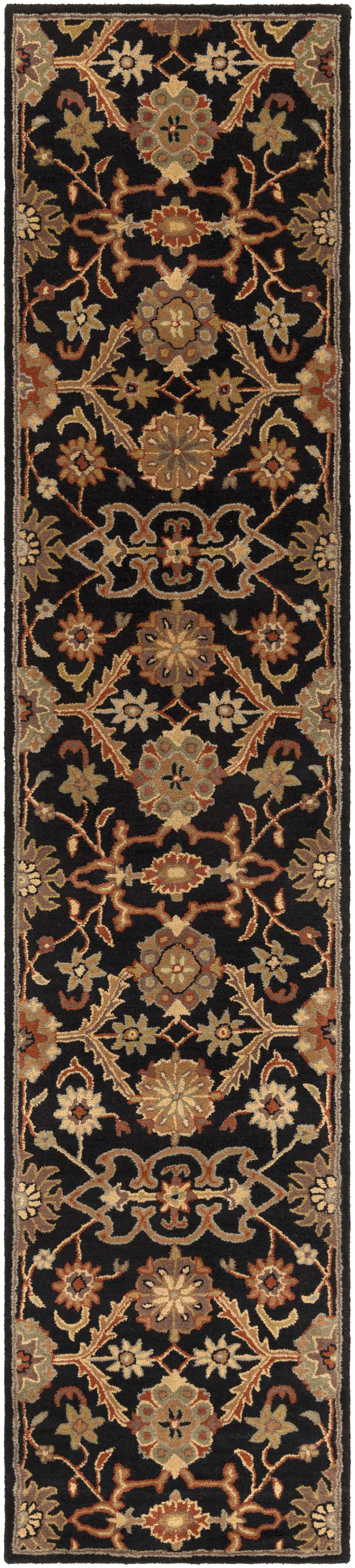 Decorative runner rug with intricate patterns on a black background