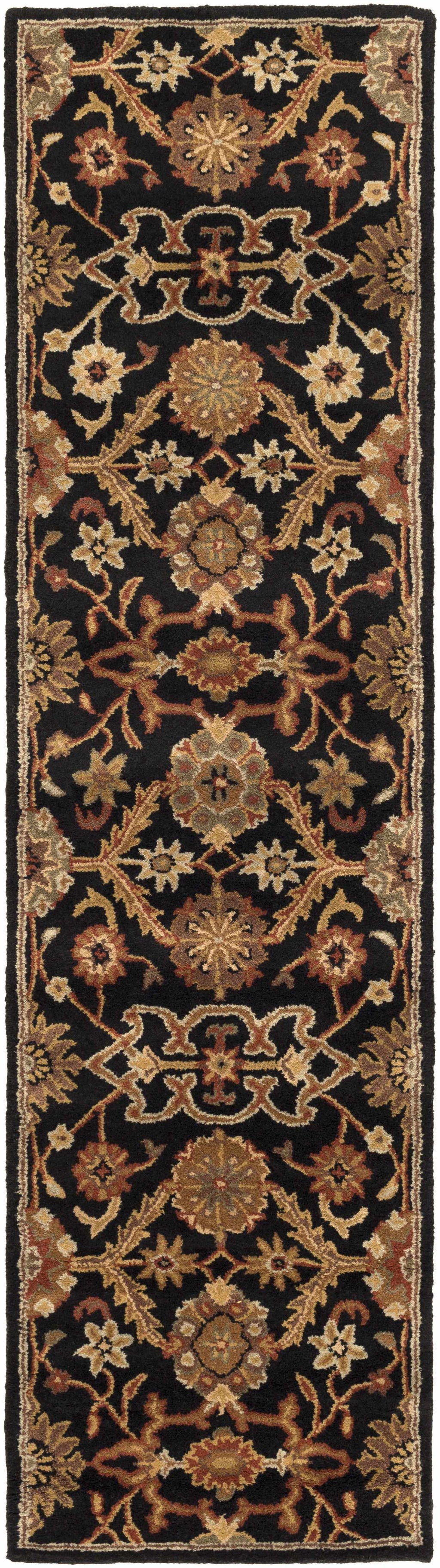 Decorative rug with intricate patterns on a black background