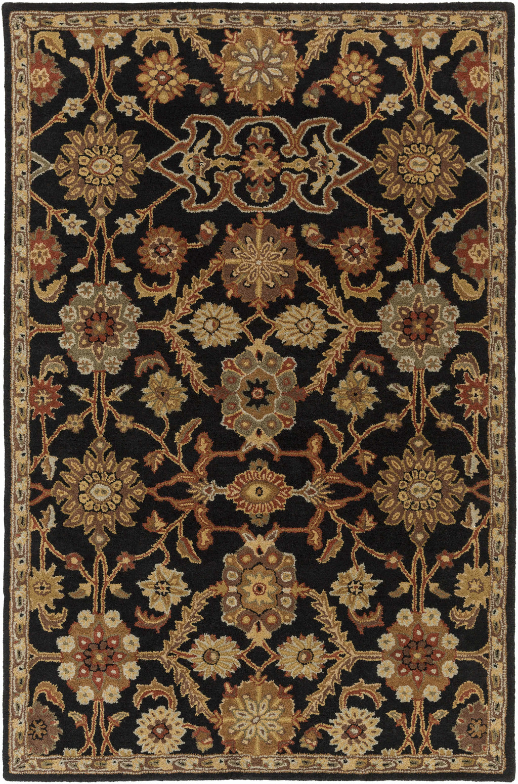 Decorative rug with intricate floral pattern on a black background