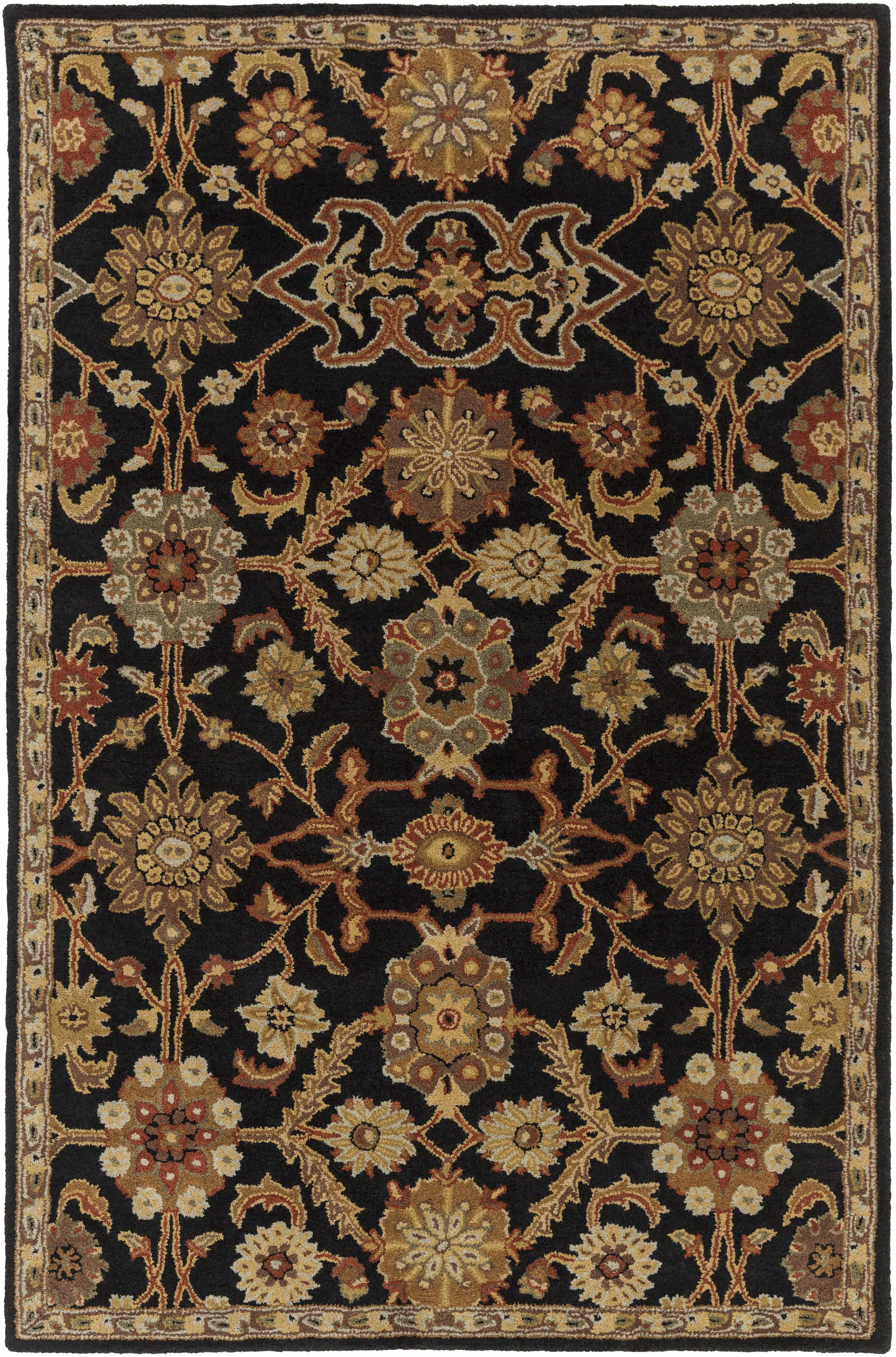 Decorative rug with intricate floral pattern on a black background