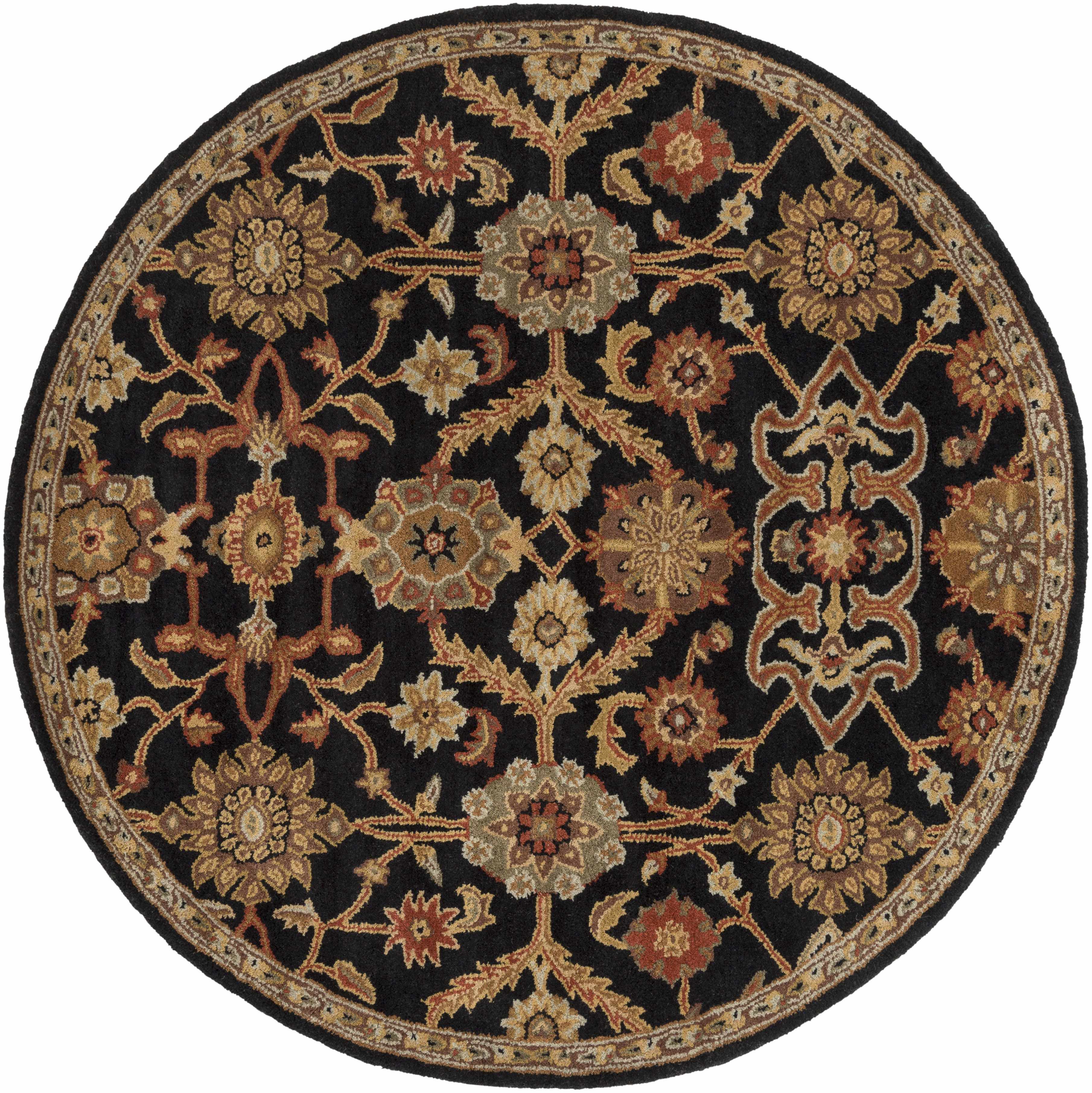 Round decorative rug with intricate floral pattern on a black background
