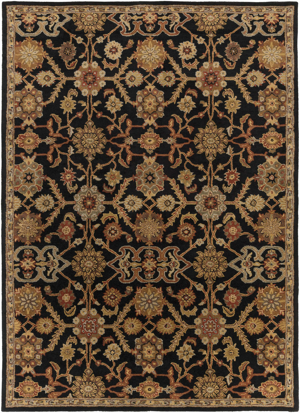 Decorative rug with intricate patterns on a black background