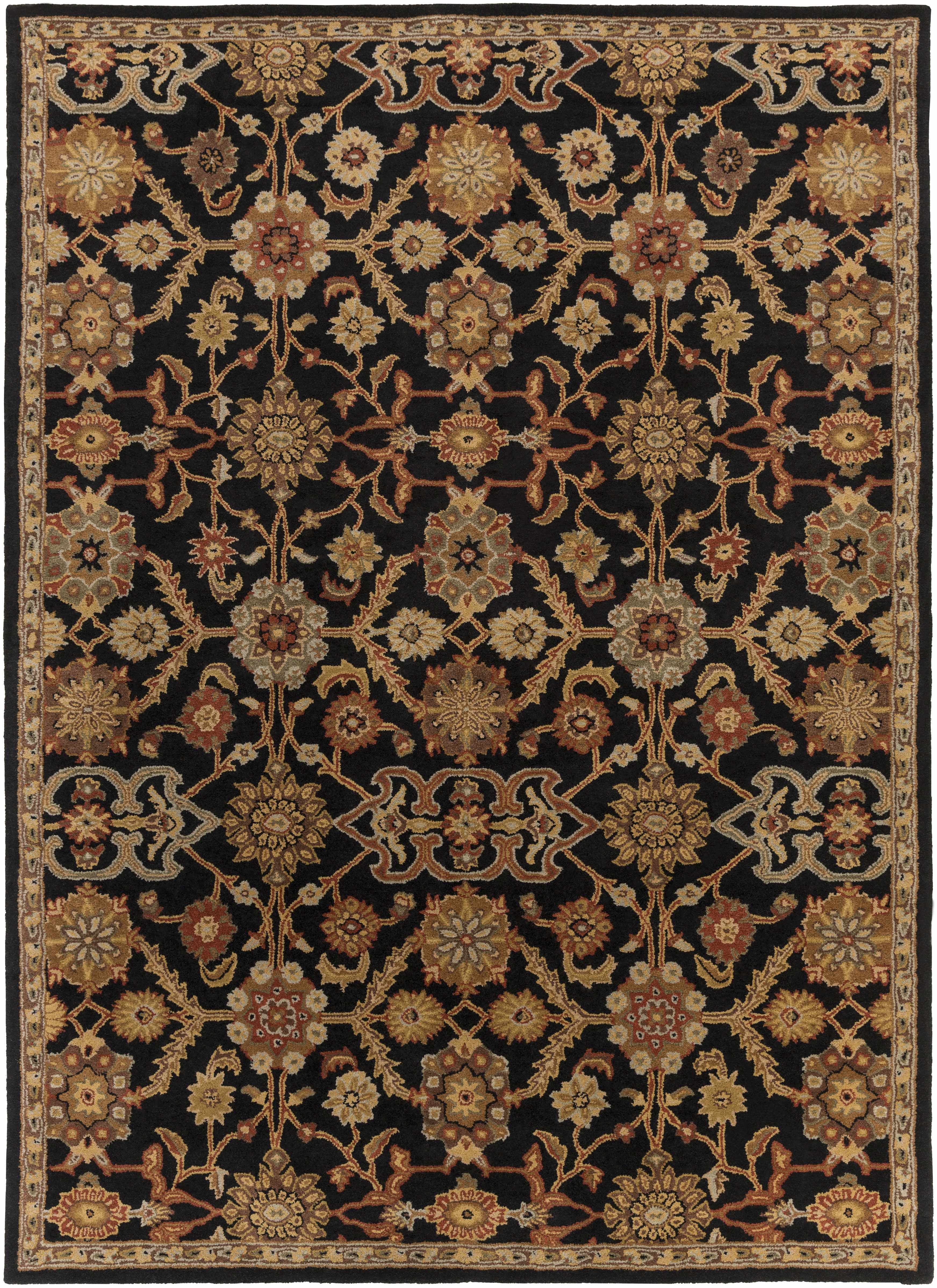 Decorative rug with intricate patterns on a black background