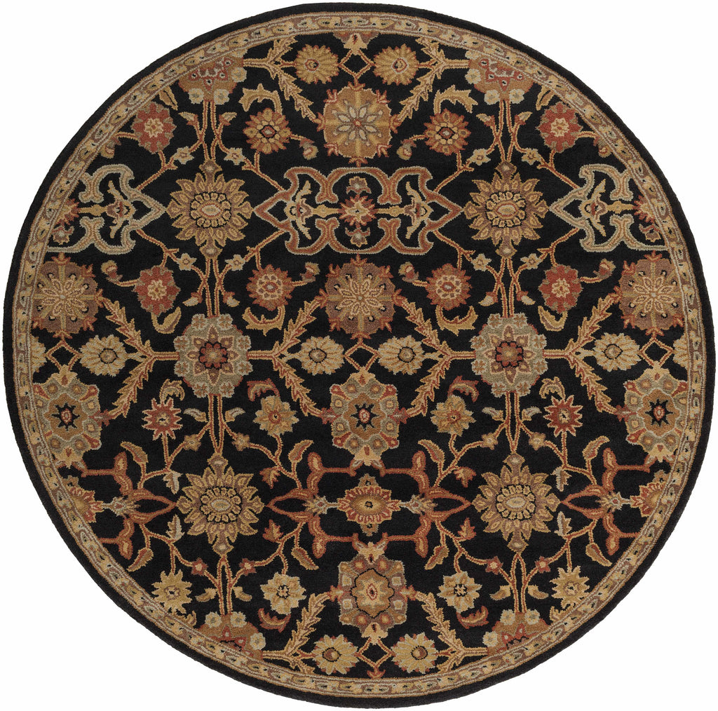 Round decorative rug with intricate patterns on a black background