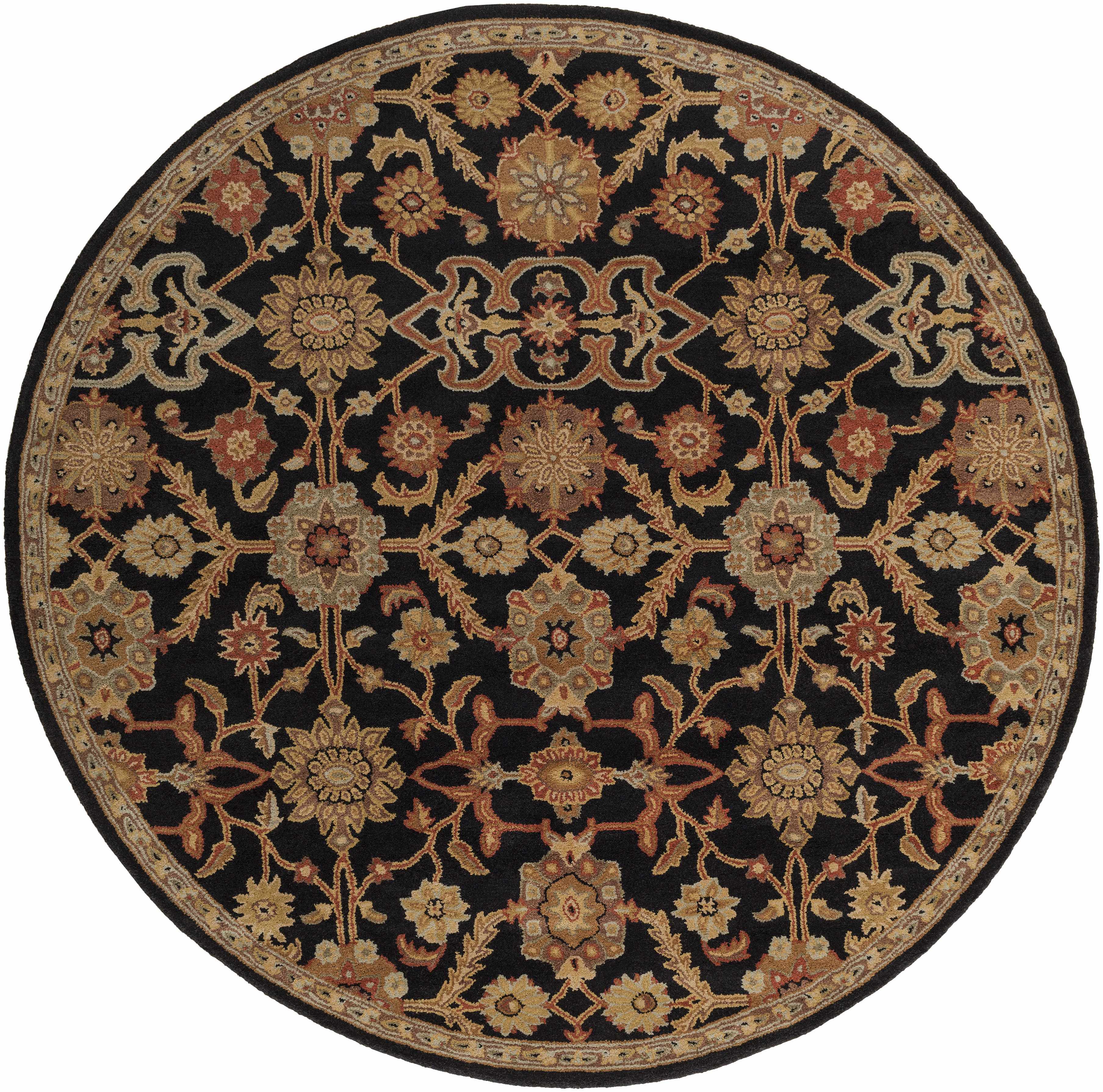 Round decorative rug with intricate patterns on a black background