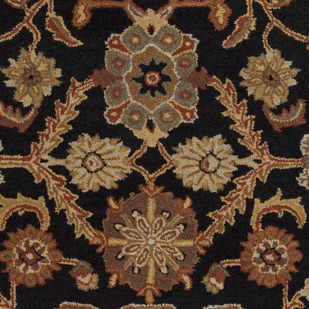 Close-up of an ornate floral patterned rug with intricate details on a dark background.