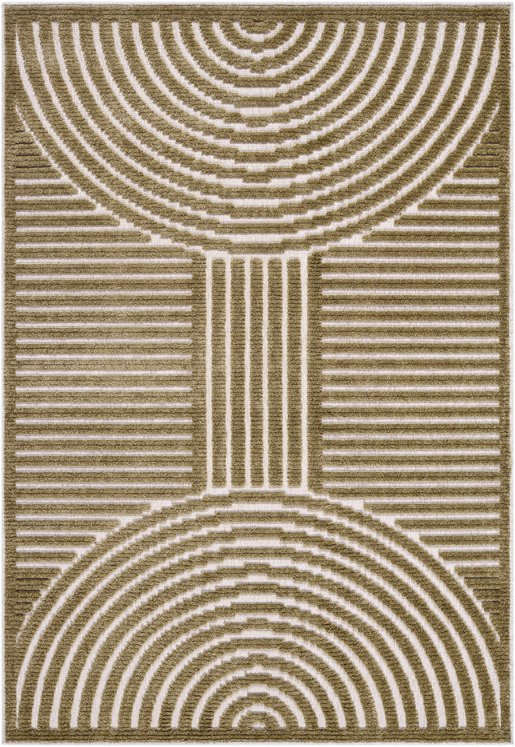 Rug with olive geometric pattern on a white background