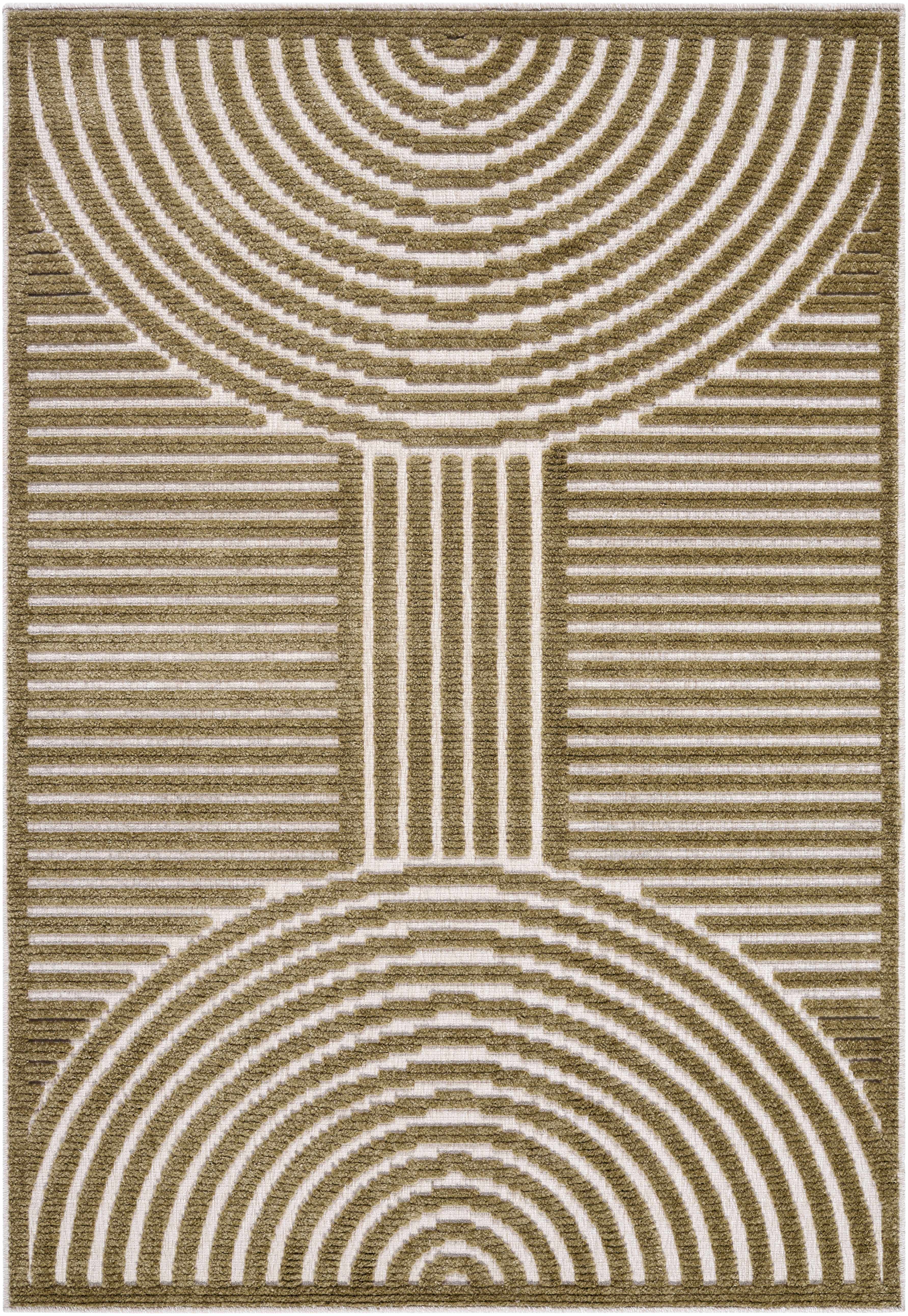 Rug with olive geometric pattern on a white background