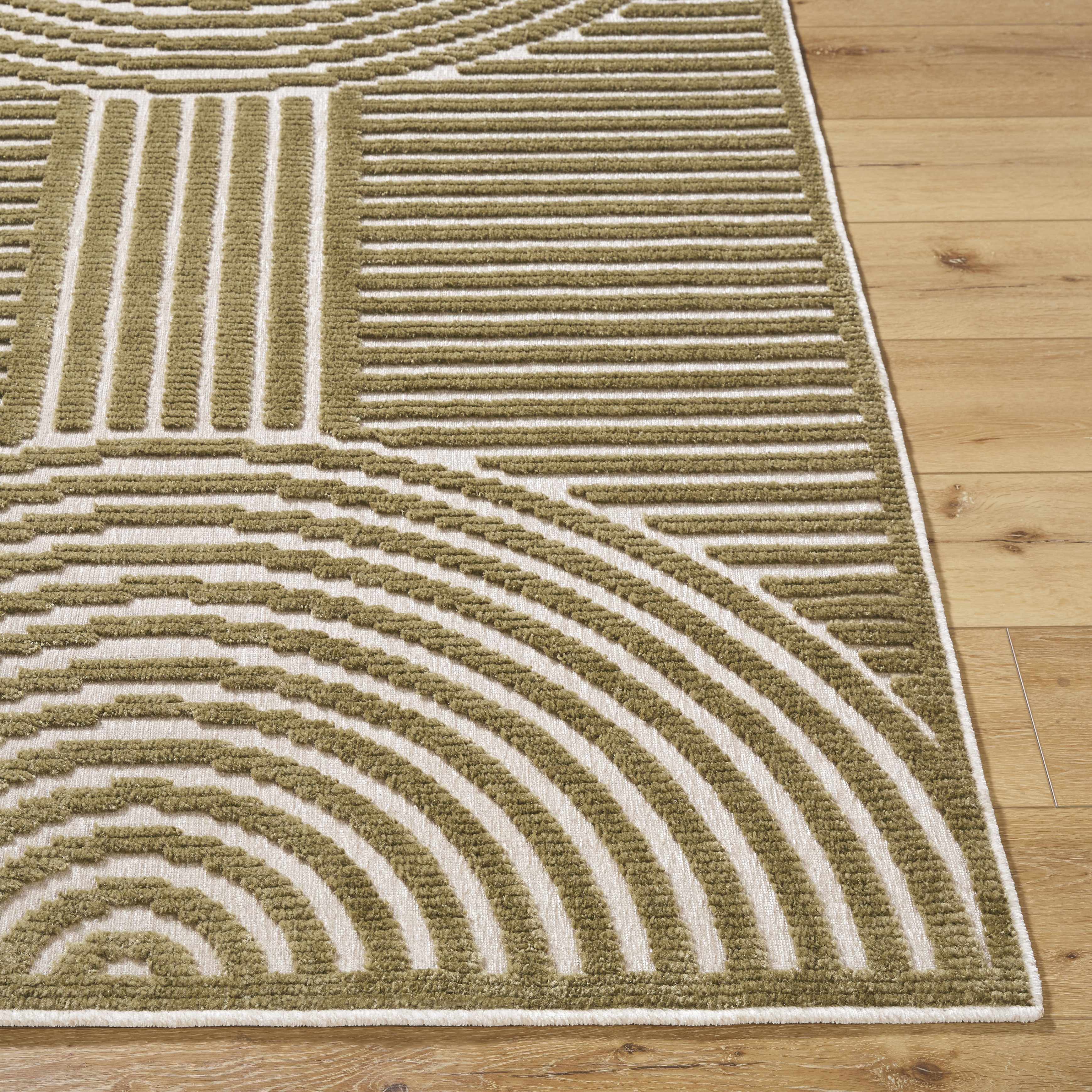Green and beige patterned rug on a wooden floor