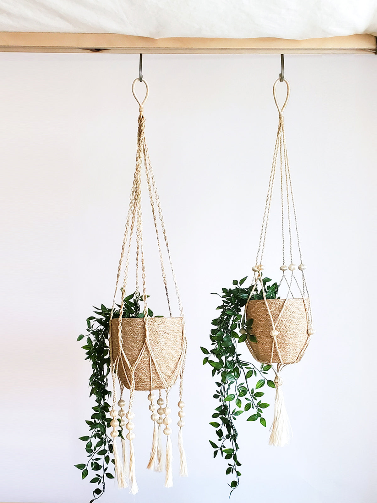 Two hanging planters with macrame ropes against a white background