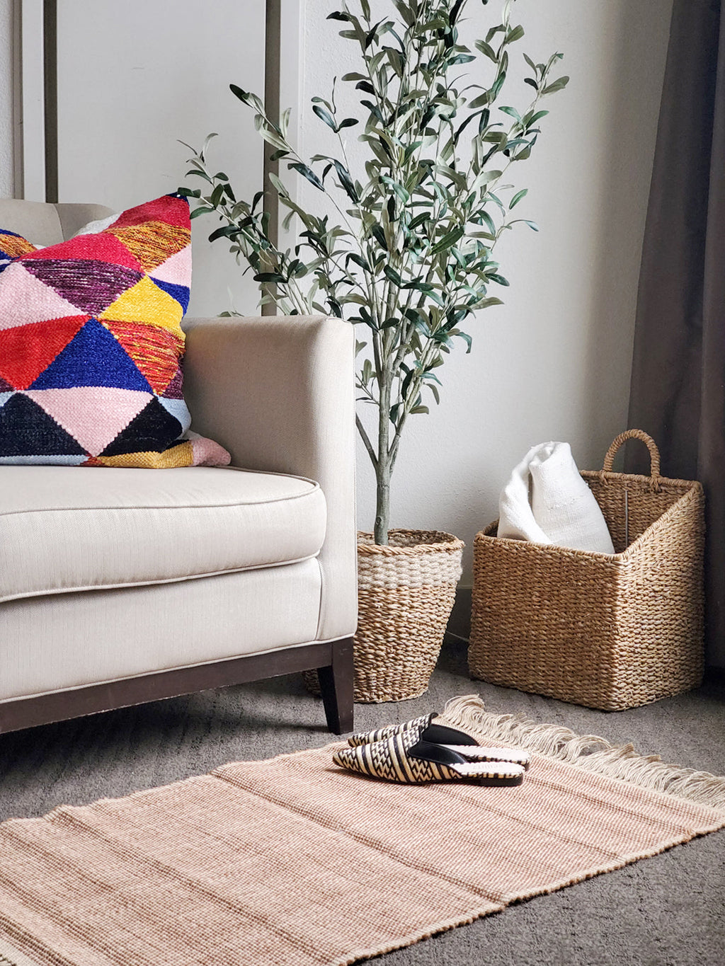 Living room with a beige sofa, colorful pillow, plant, and woven baskets.