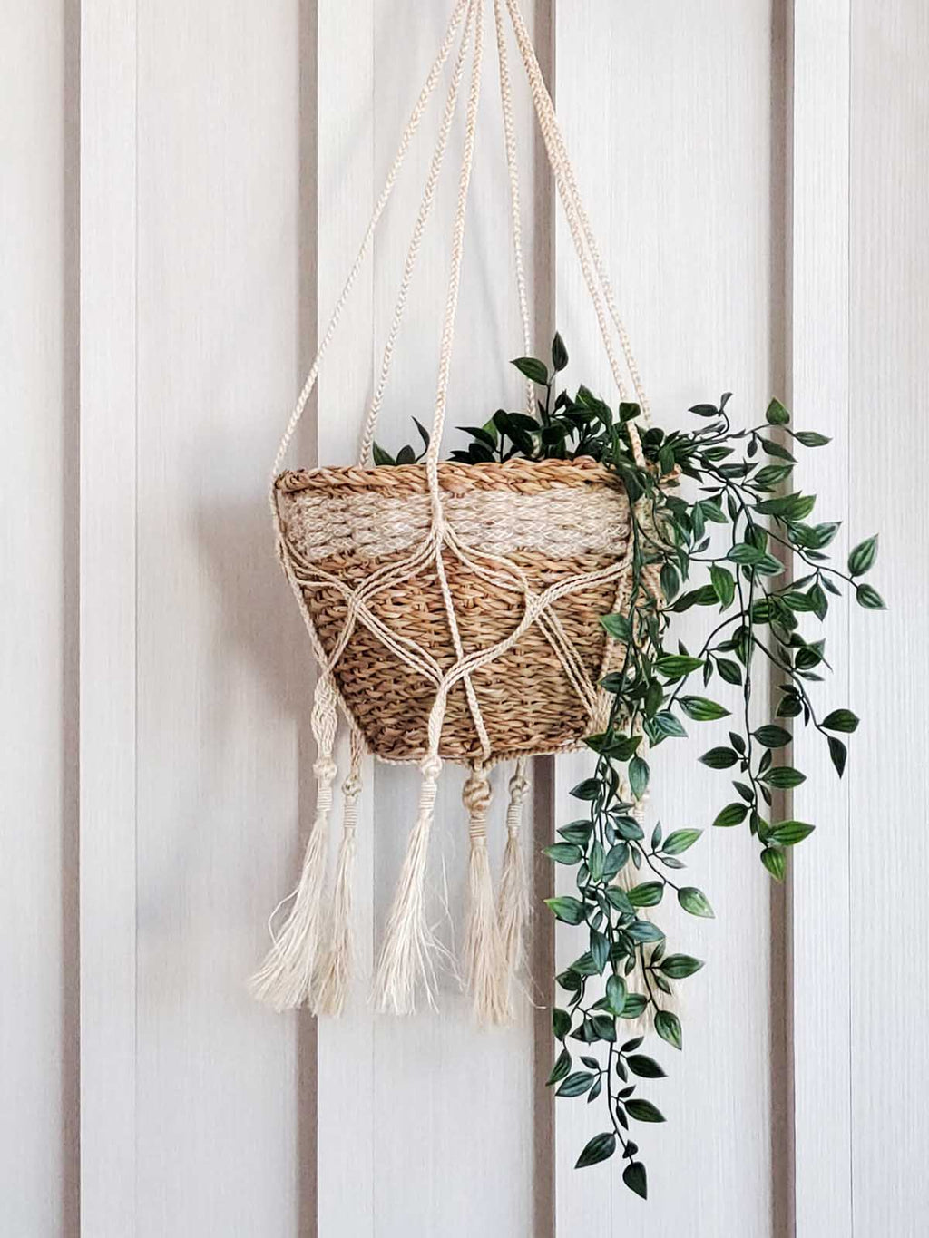 Hanging woven plant holder with macrame details against a white wooden panel background