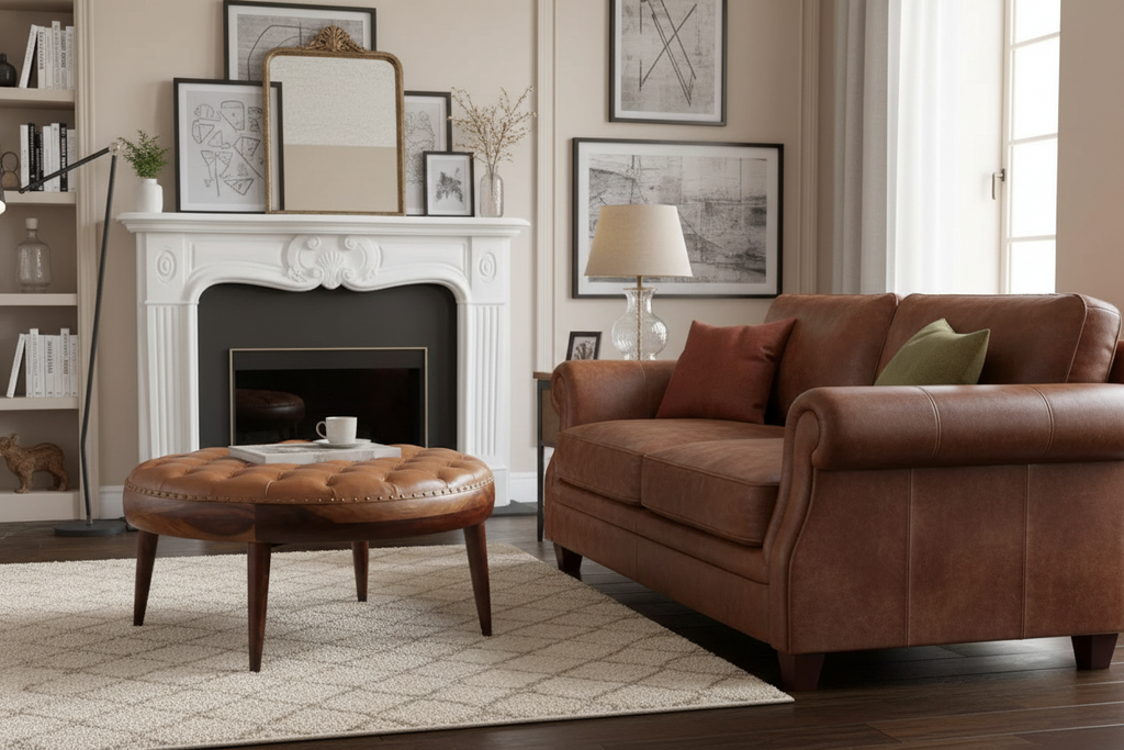 Living room with brown leather sofa, ottoman, and fireplace.