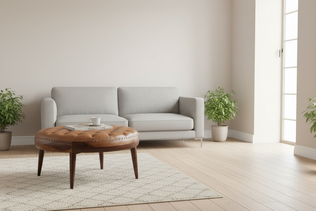 Modern living room with a gray sofa, wooden coffee table, and plants.