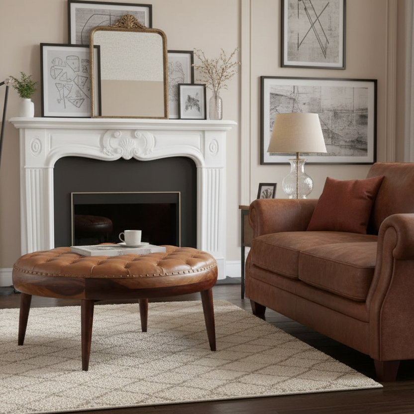 Cozy living room with brown sofa, ottoman, and fireplace.