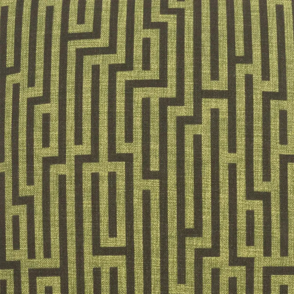 Patterned fabric with a geometric design in green and brown.