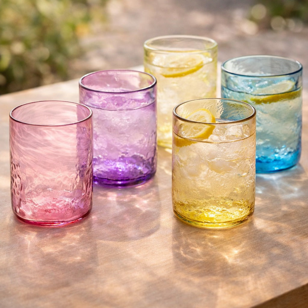 Set of colorful glass tumblers with lemon slices on a reflective surface