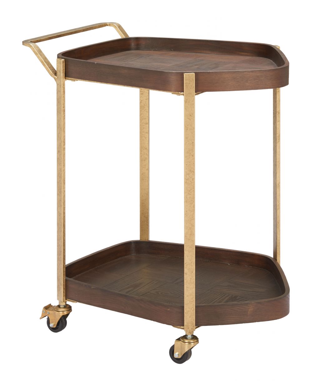 Wooden serving cart with brass accents on a white background