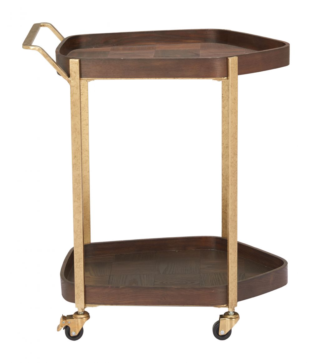 Wooden serving cart with gold accents on a white background