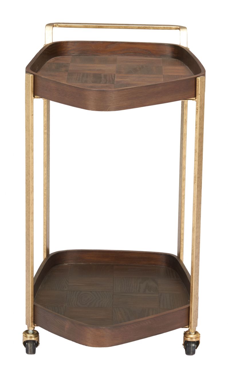 Wooden side table with gold accents on a white background