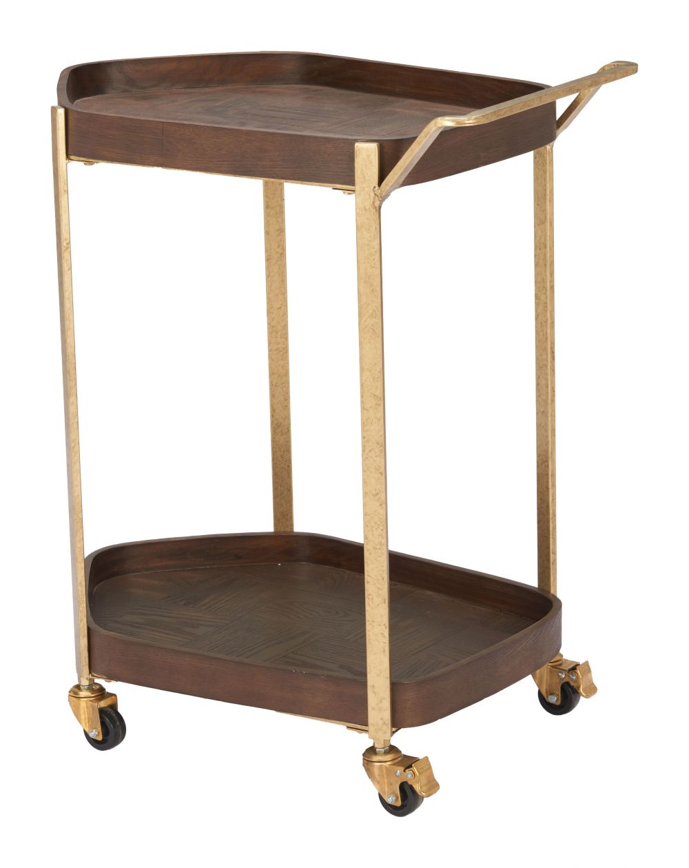 Bar cart with bronze tray and gold metal frame on a white background