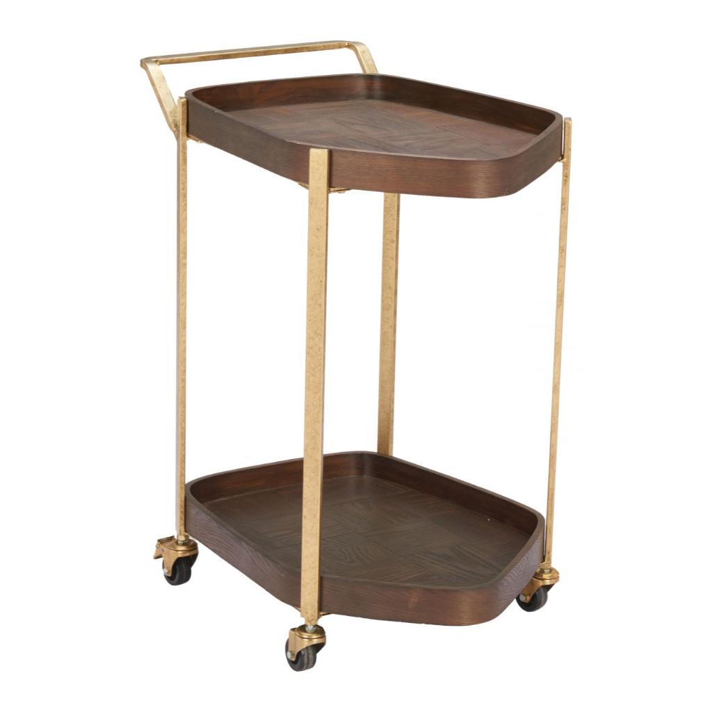Two-tiered serving cart with wooden trays and gold metal handles on a white background