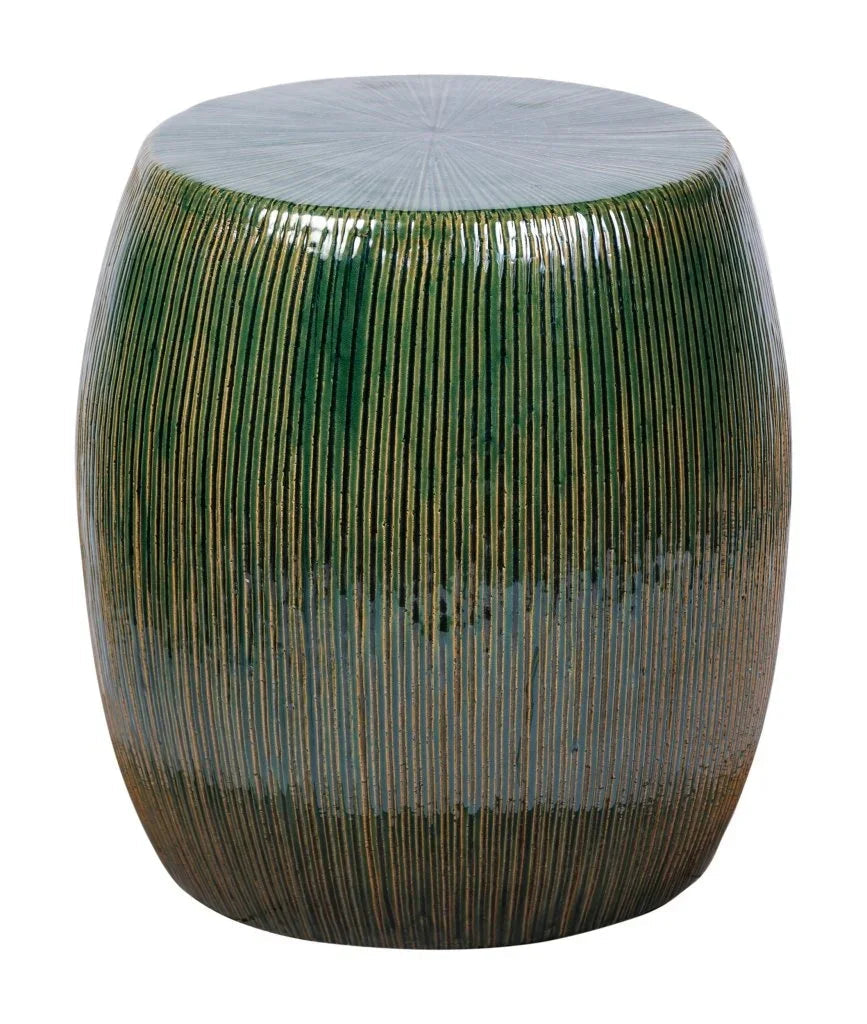Decorative stool with green and gray striped pattern on a white background