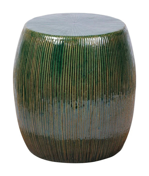 Decorative stool with green and gray striped pattern on a white background
