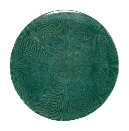 Round green woven placemat on a white background