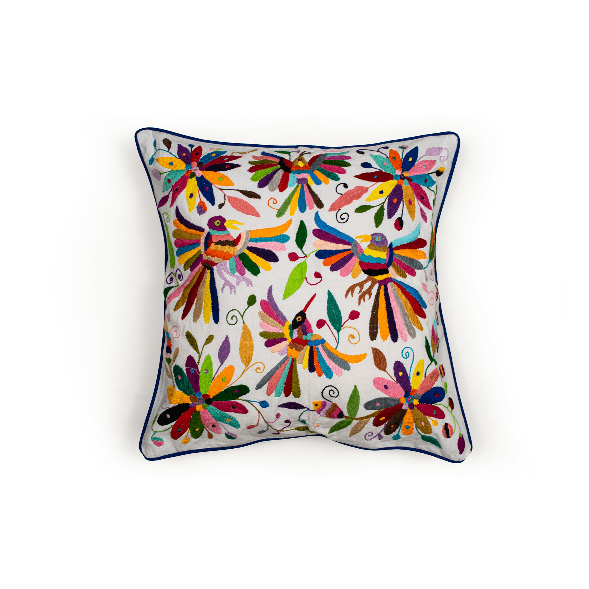 Decorative pillow with colorful bird and floral pattern on a white background