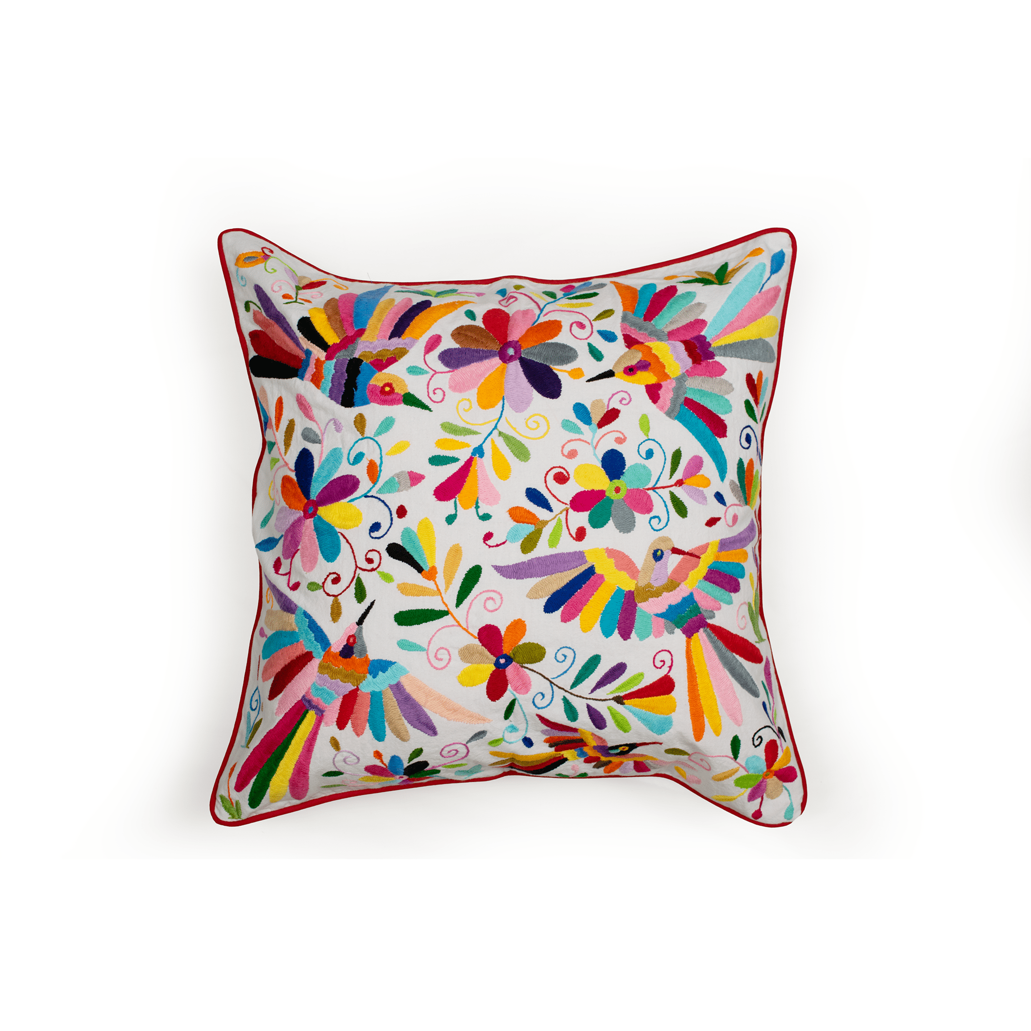 Colorful floral-patterned pillow on a white background