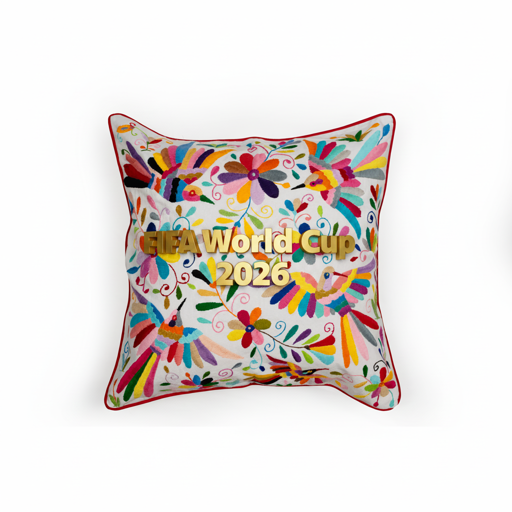 Decorative pillow with colorful floral patterns and 'FIFA World Cup 2026' text on a white background