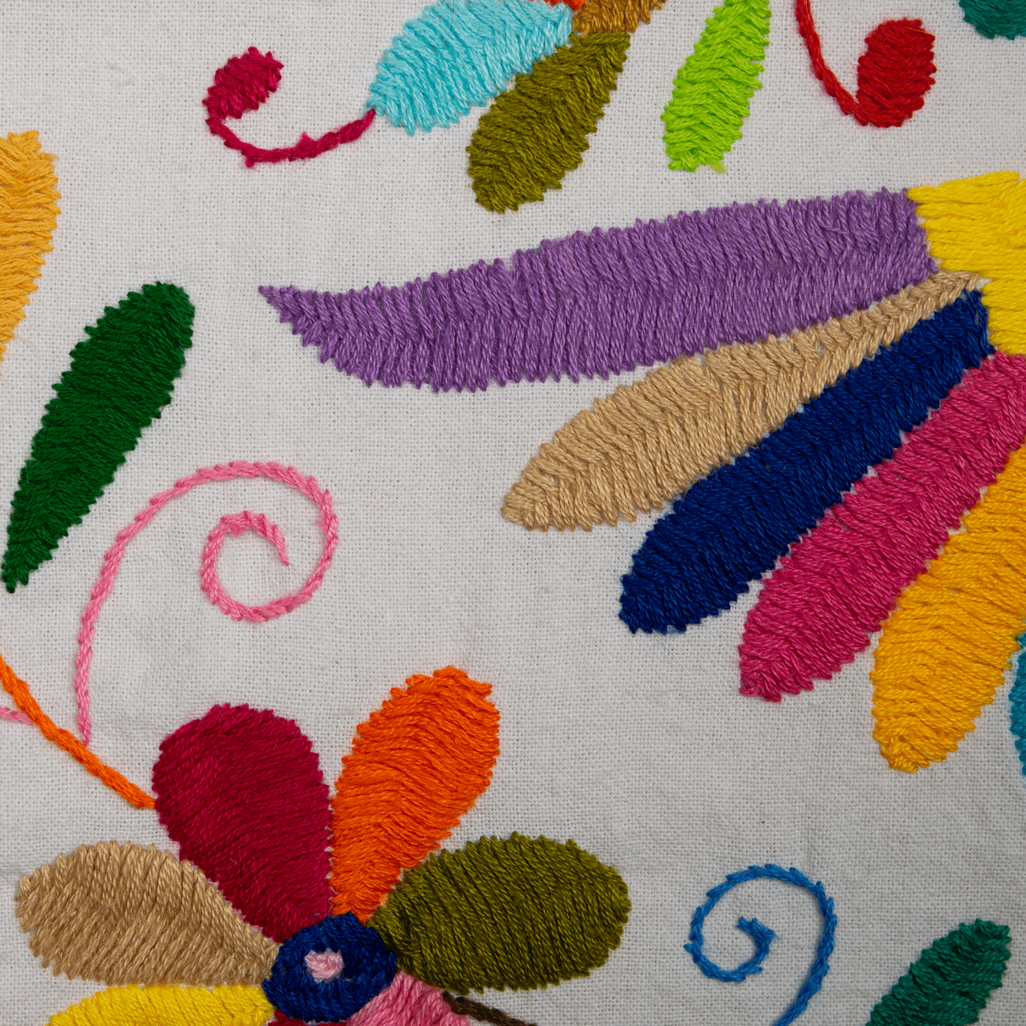 Colorful embroidered floral pattern on fabric