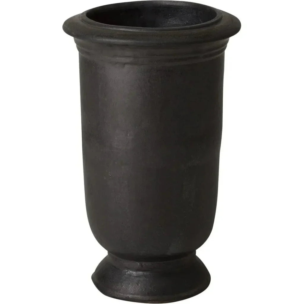 Black urn-shaped planter on a white background