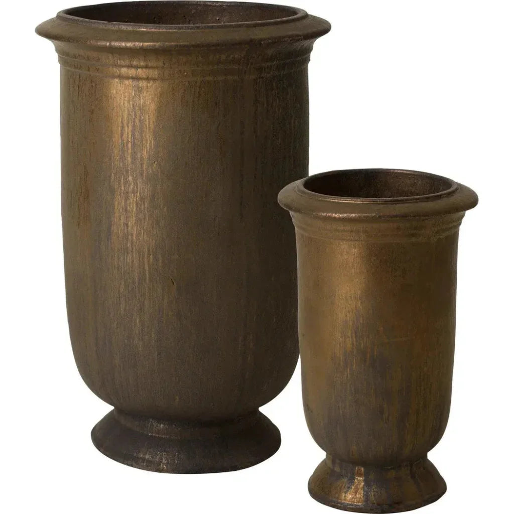 Two bronze-colored planters on a white background
